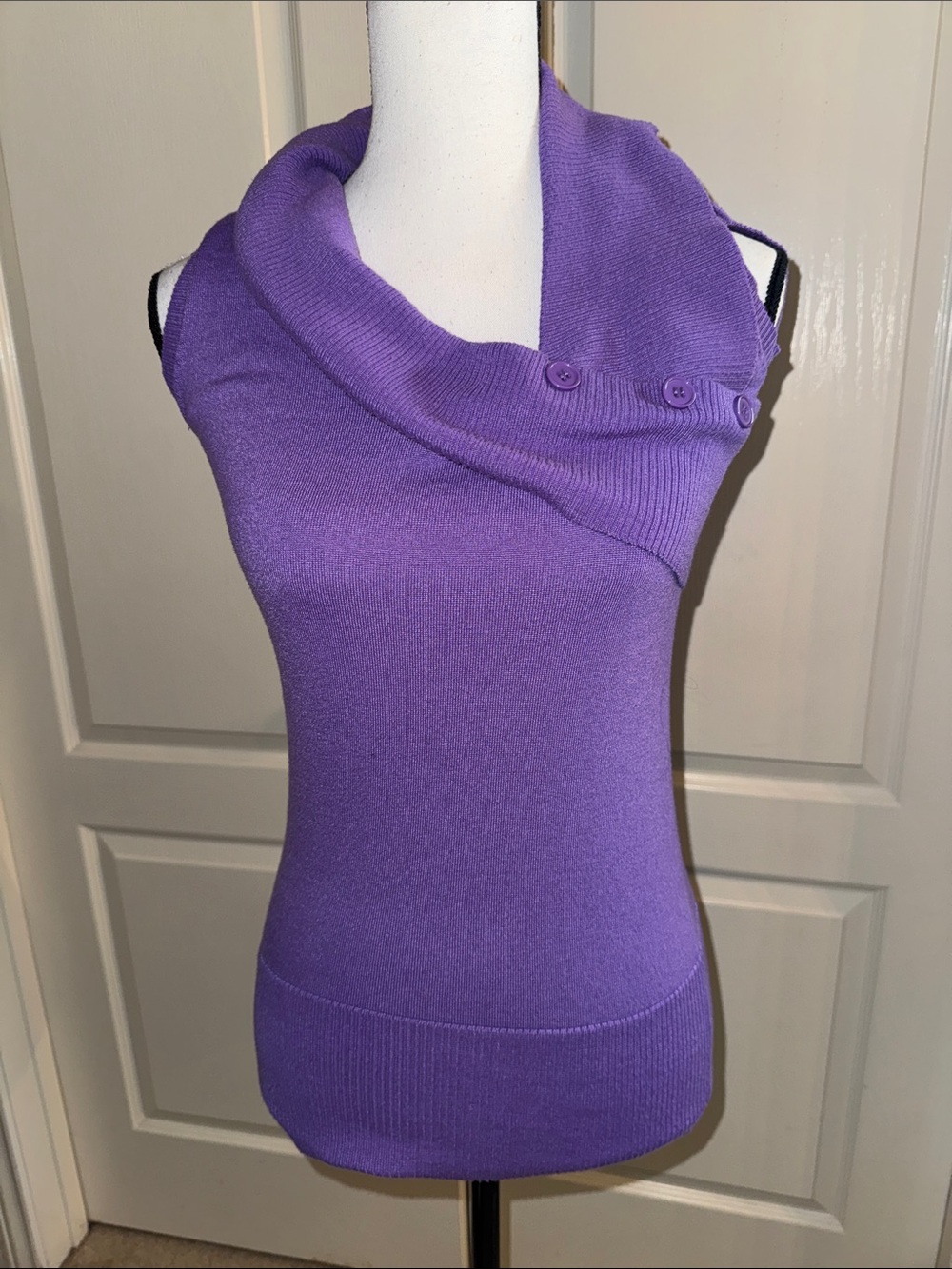 Purple Sleeveless Cowl Neck Sweater with Button Detail - Size Medium
